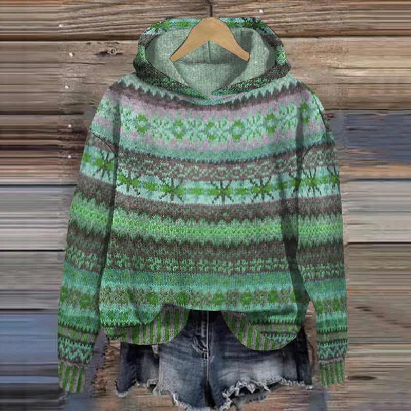 Women's Cropped Fair Isle Knit Pullover Hoodie - Green