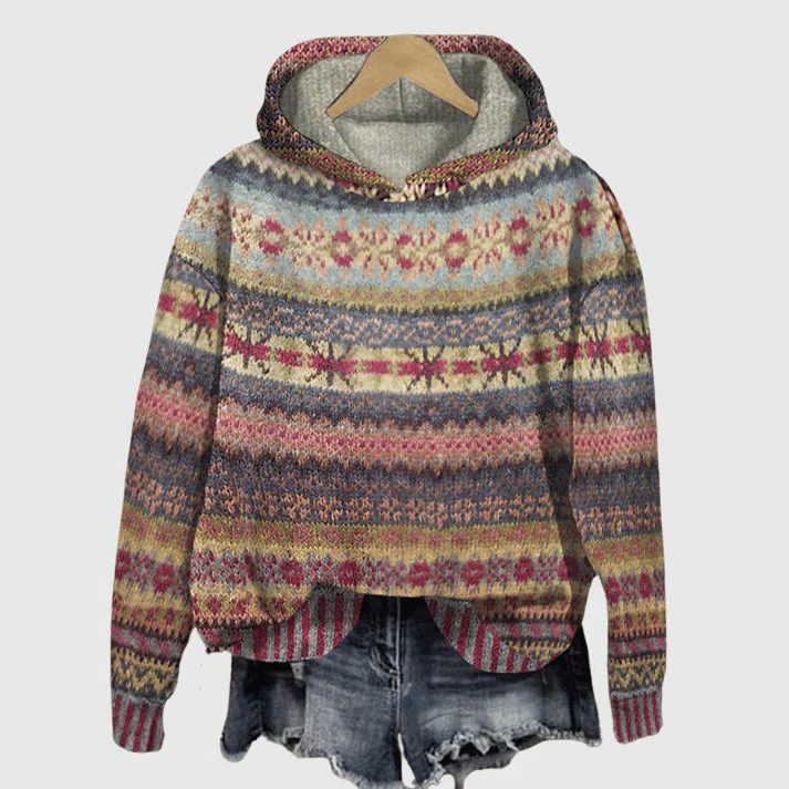 Women's Cropped Fair Isle Knit Pullover Hoodie - Brown
