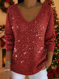 Women's Festive Glitter V-Neck Three-Quarter Sleeve Sweater - Red