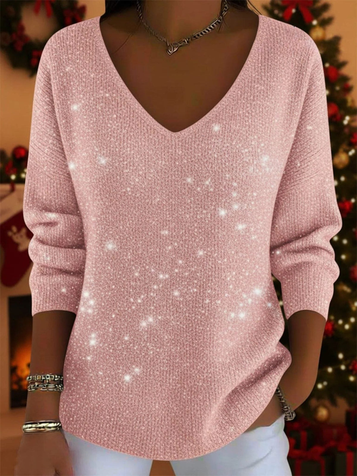 Women's Festive Glitter V-Neck Three-Quarter Sleeve Sweater - Pink