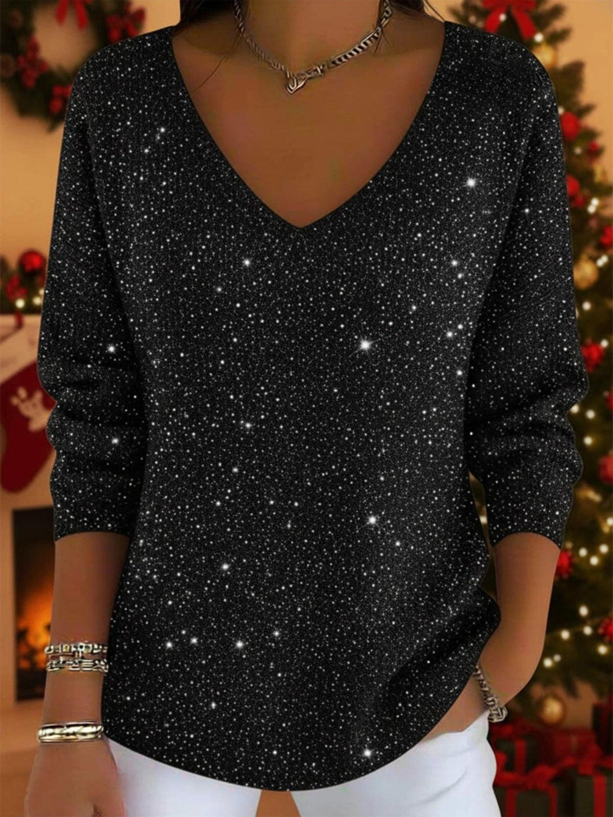 Women's Festive Glitter V-Neck Three-Quarter Sleeve Sweater - Black