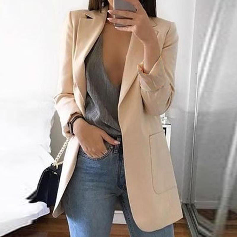 Women's Open-Front Longline Cotton-Blend Blazer - Beige