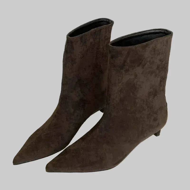Women's Sleek Pointed-Toe Ankle Boots with Low Heel - Dark Brown