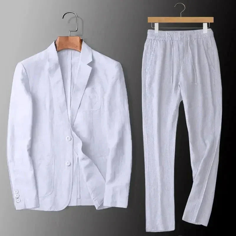 Men's Linen Blazer and Trousers Set - White/Dark Brown