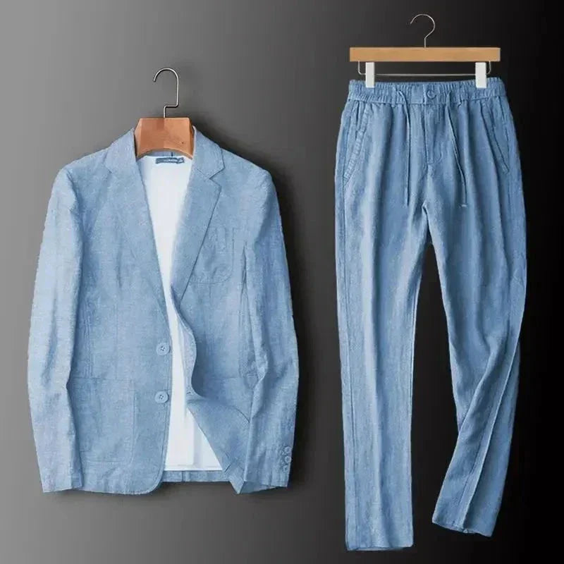 Men's Linen Blazer and Trousers Set - Sky Blue