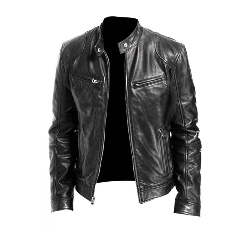 Men's Band-Collar Leather Racer Jacket - Black