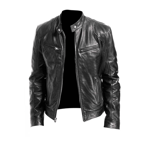 Men's Band-Collar Leather Racer Jacket - Black