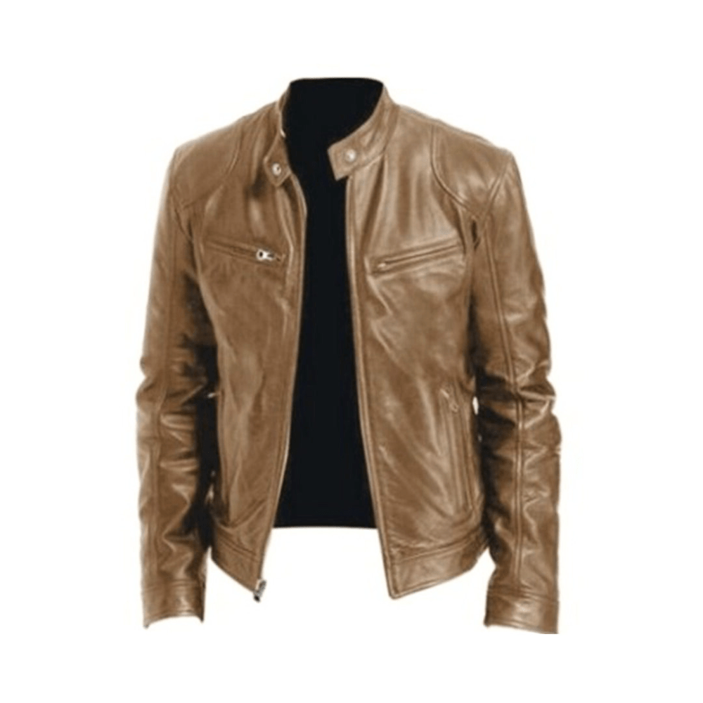 Men's Band-Collar Leather Racer Jacket - Light Brown