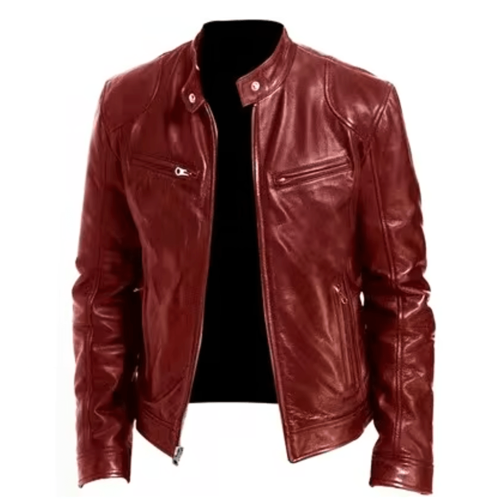 Men's Band-Collar Leather Racer Jacket - Wine Red