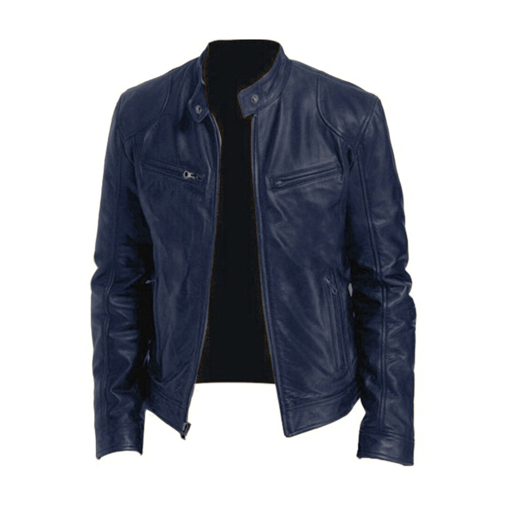 Men's Band-Collar Leather Racer Jacket - Navy Blue