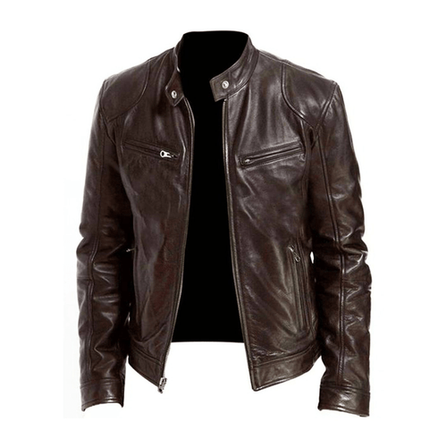 Men's Band-Collar Leather Racer Jacket - Dark Brown
