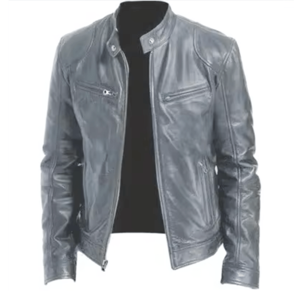 Men's Band-Collar Leather Racer Jacket - Gray