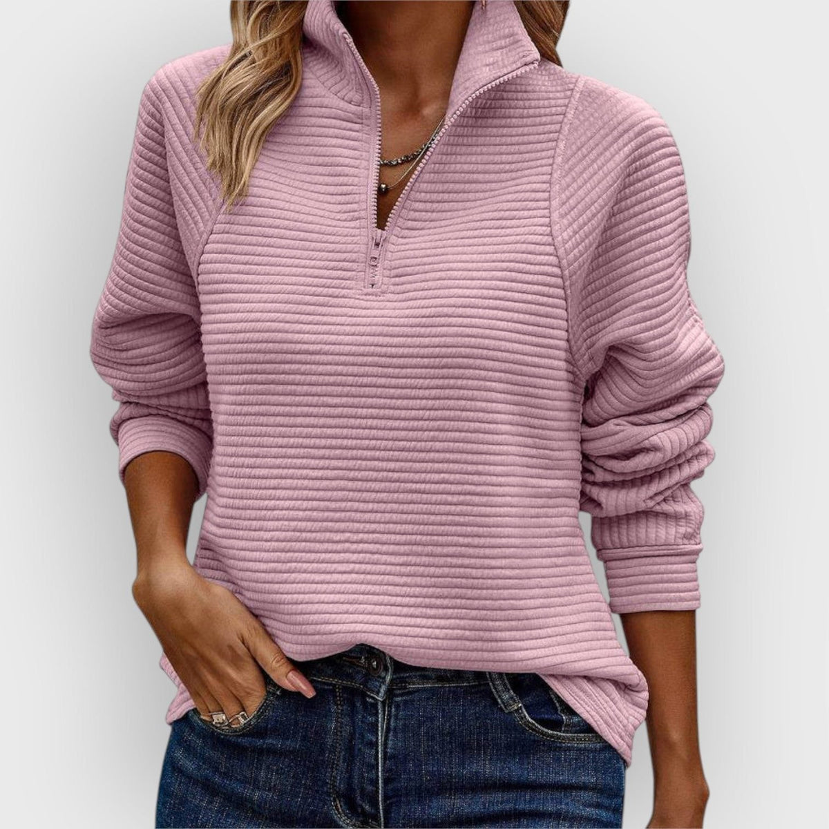 Women's Ribbed Knit V-Neck Half-Zip Sweater - Light Pink