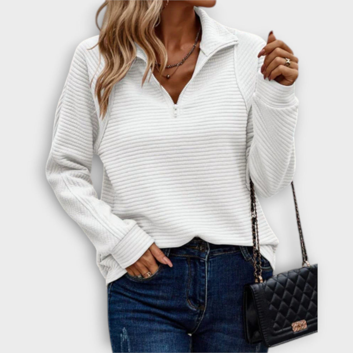 Women's Ribbed Knit V-Neck Half-Zip Sweater - White