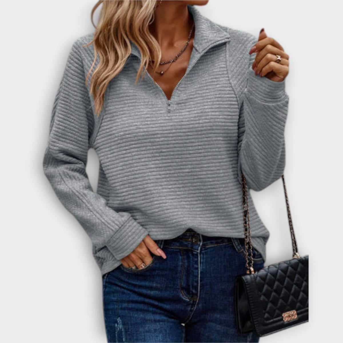 Women's Ribbed Knit V-Neck Half-Zip Sweater - Gray