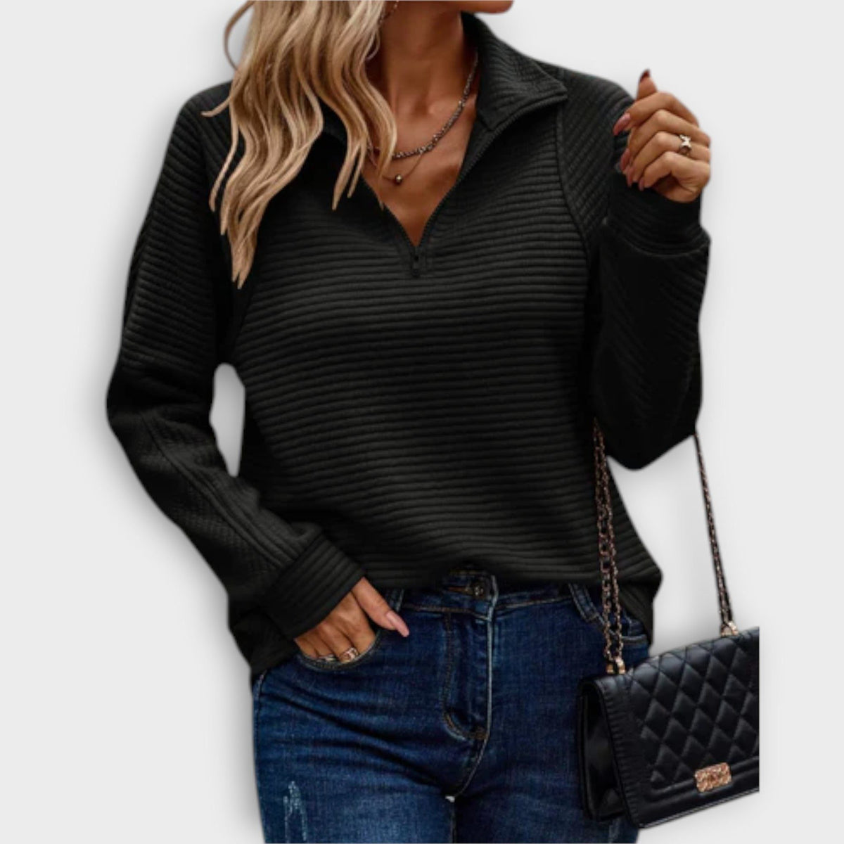 Women's Ribbed Knit V-Neck Half-Zip Sweater - Black