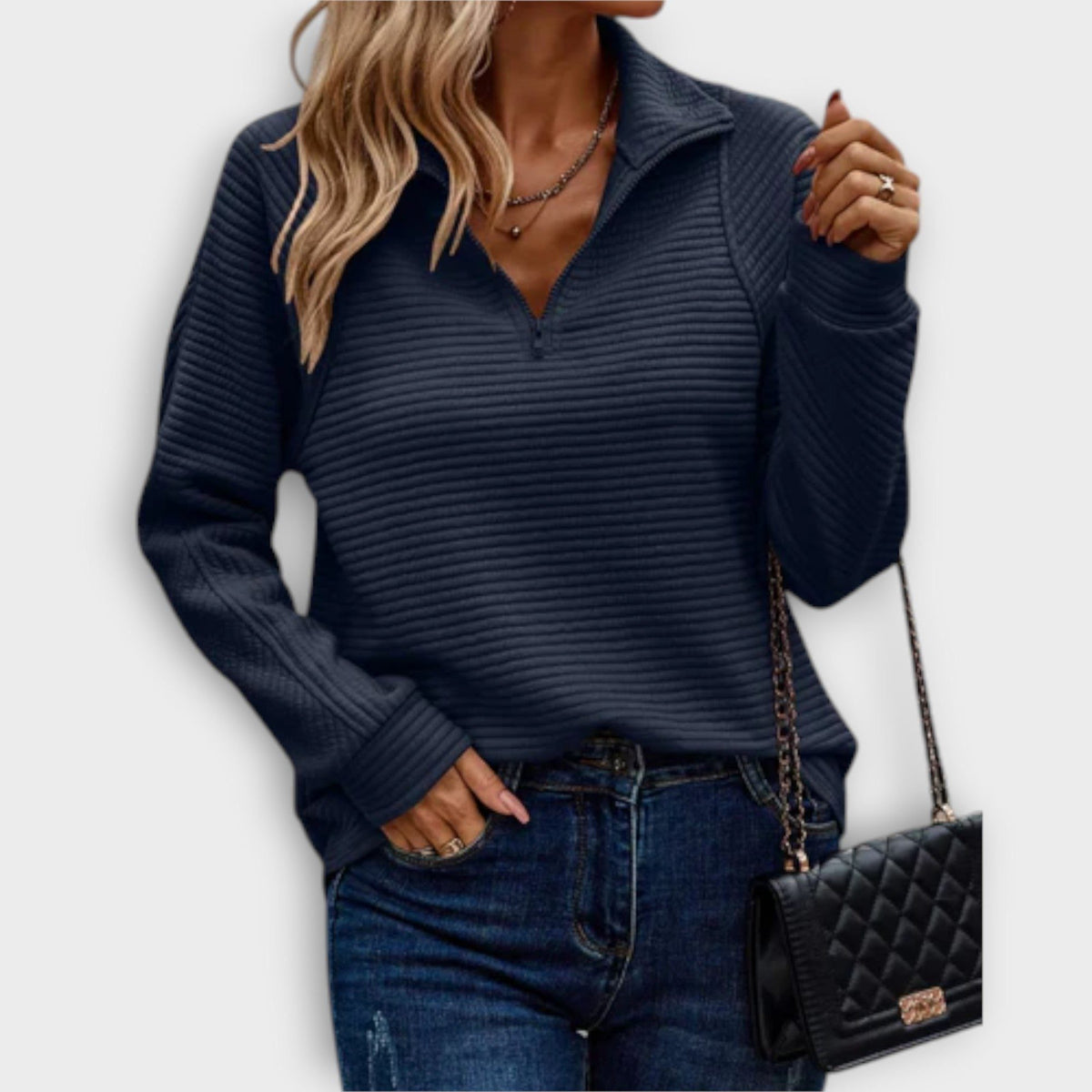 Women's Ribbed Knit V-Neck Half-Zip Sweater - Blue
