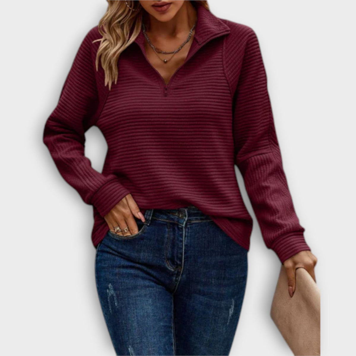 Women's Ribbed Knit V-Neck Half-Zip Sweater - Red