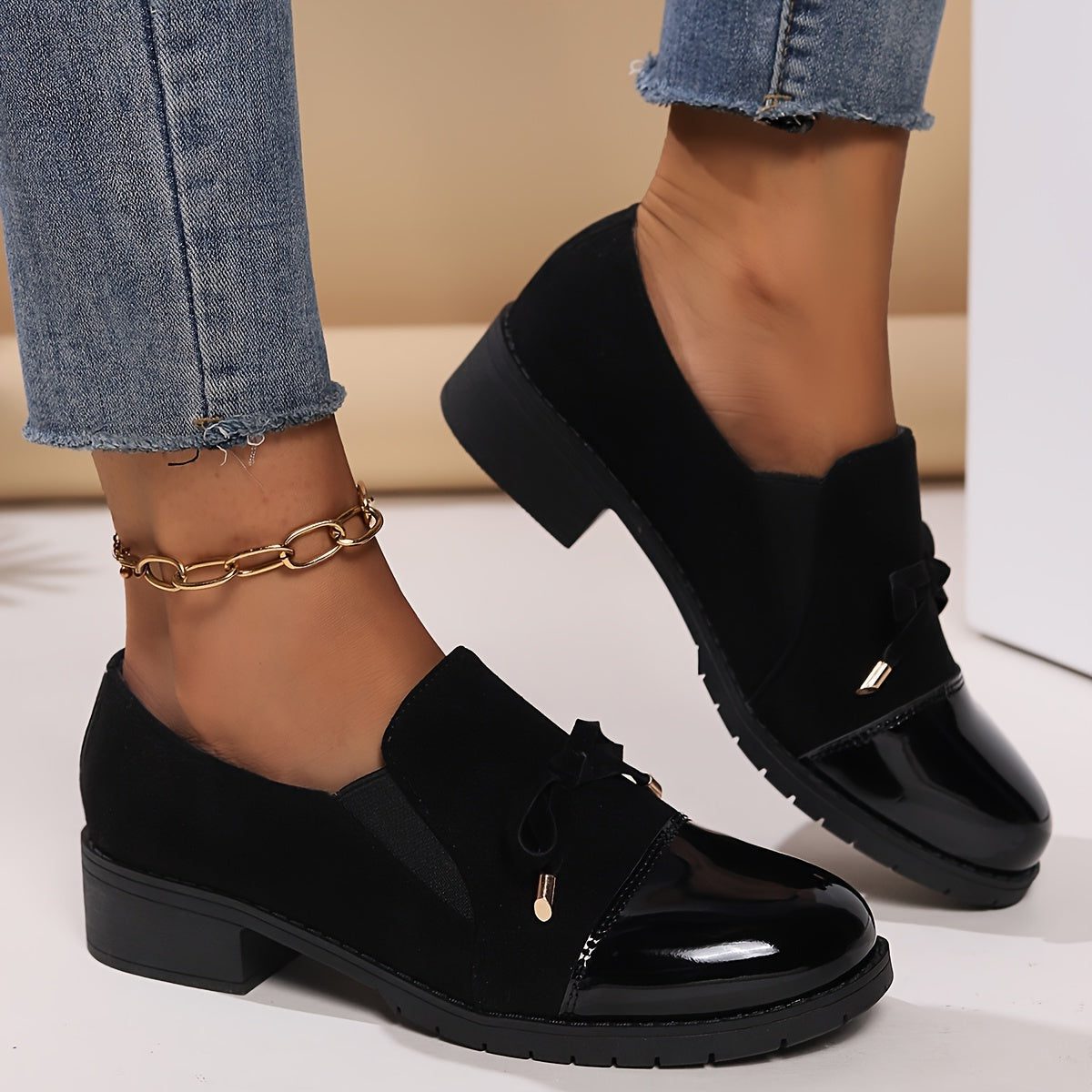 Women's Suede and Patent Loafers with Bow Detail