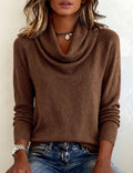 Women's Ribbed Knit Cowl Neck Sweater with Fitted Cuffs - Brown