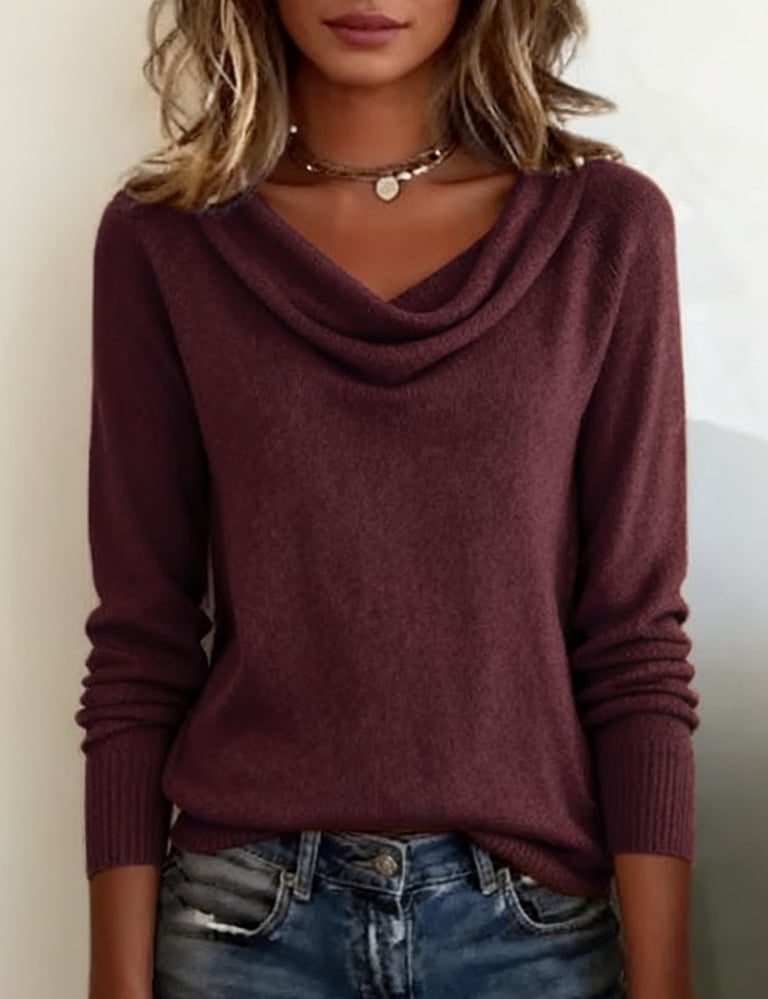 Women's Ribbed Knit Cowl Neck Sweater with Fitted Cuffs
