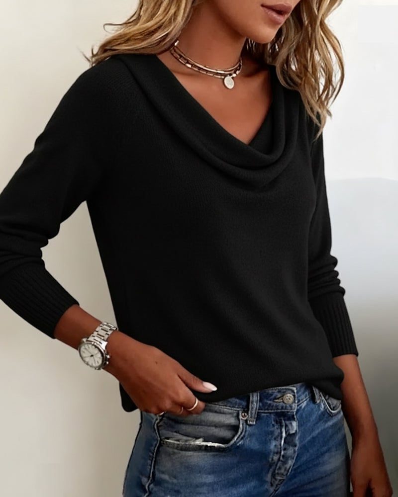 Women's Ribbed Knit Cowl Neck Sweater with Fitted Cuffs