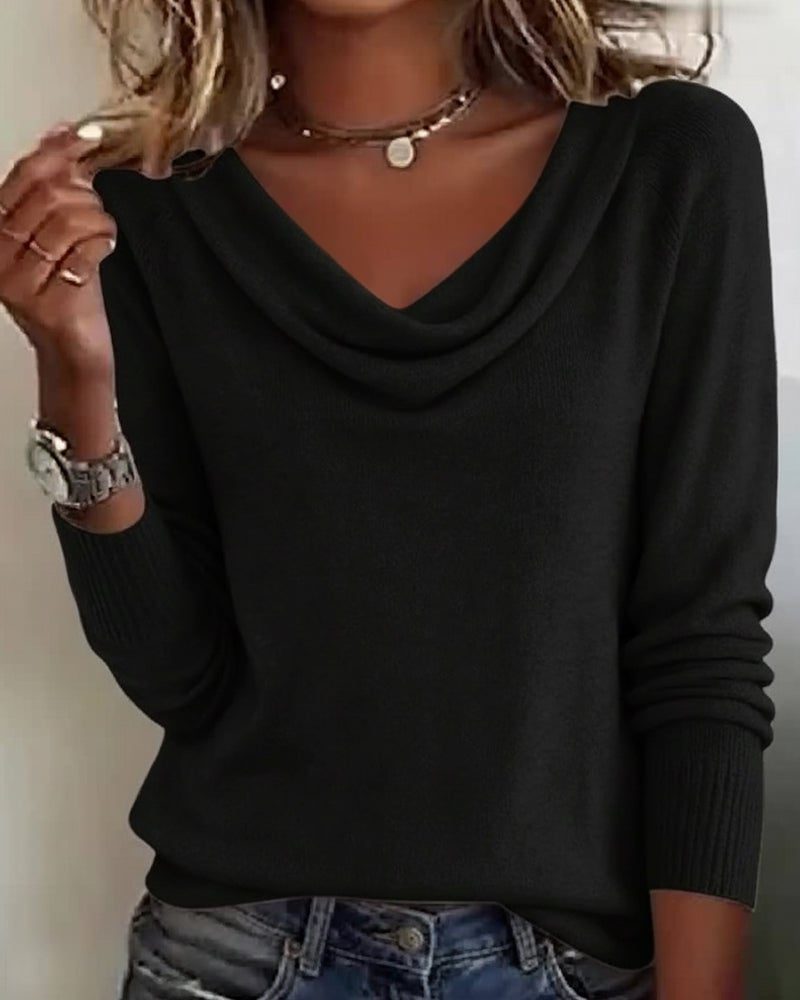 Women's Ribbed Knit Cowl Neck Sweater with Fitted Cuffs