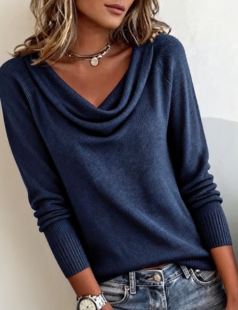 Women's Ribbed Knit Cowl Neck Sweater with Fitted Cuffs - Blue