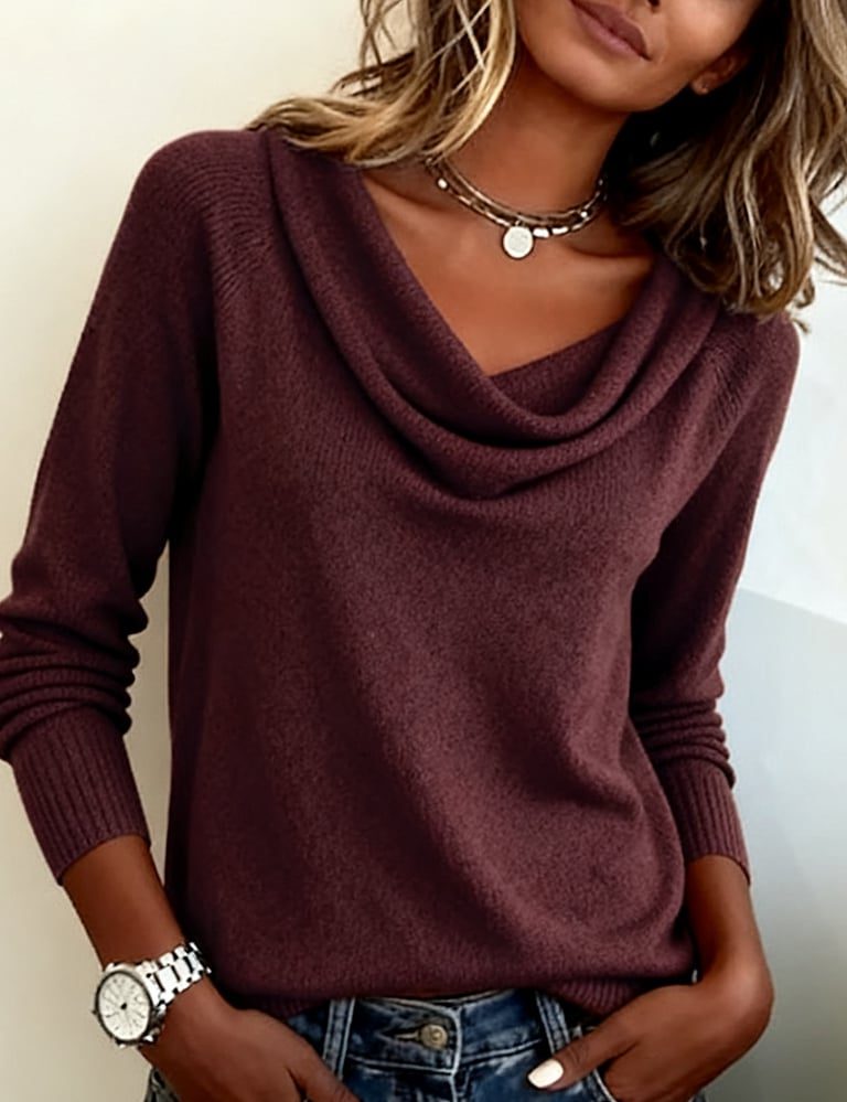 Women's Ribbed Knit Cowl Neck Sweater with Fitted Cuffs - Dark Purple