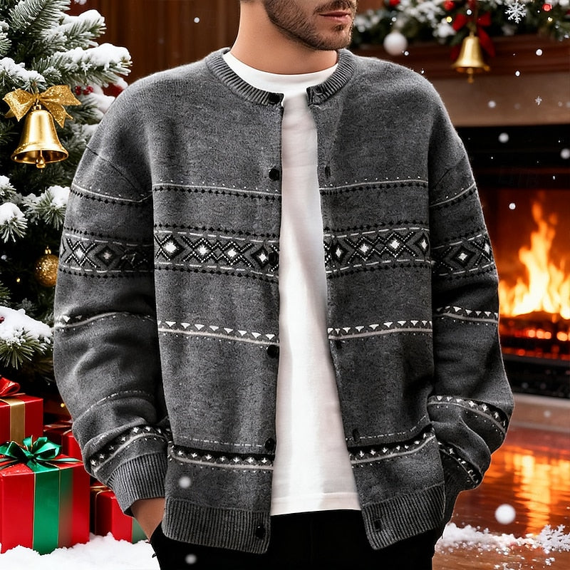 Men's Geometric Pattern Button-Down Holiday Cardigan - Dark Gray