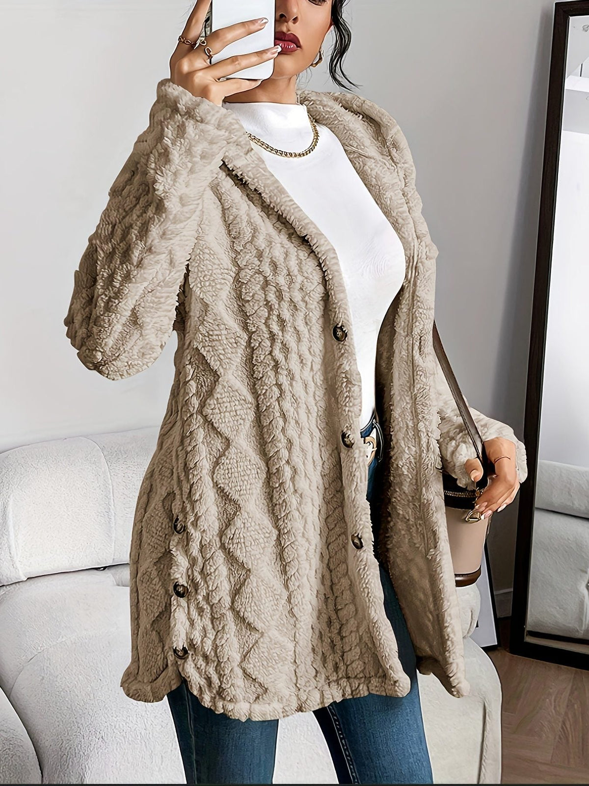 Women's Fleece Oversized Hooded Cardigan - Khaki