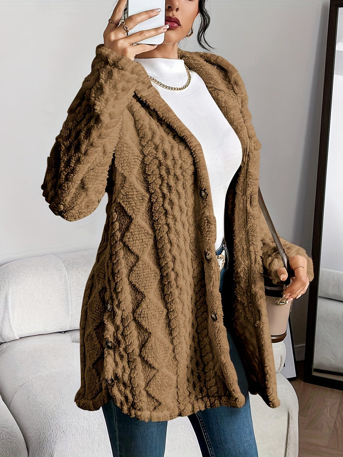 Women's Fleece Oversized Hooded Cardigan - Brown