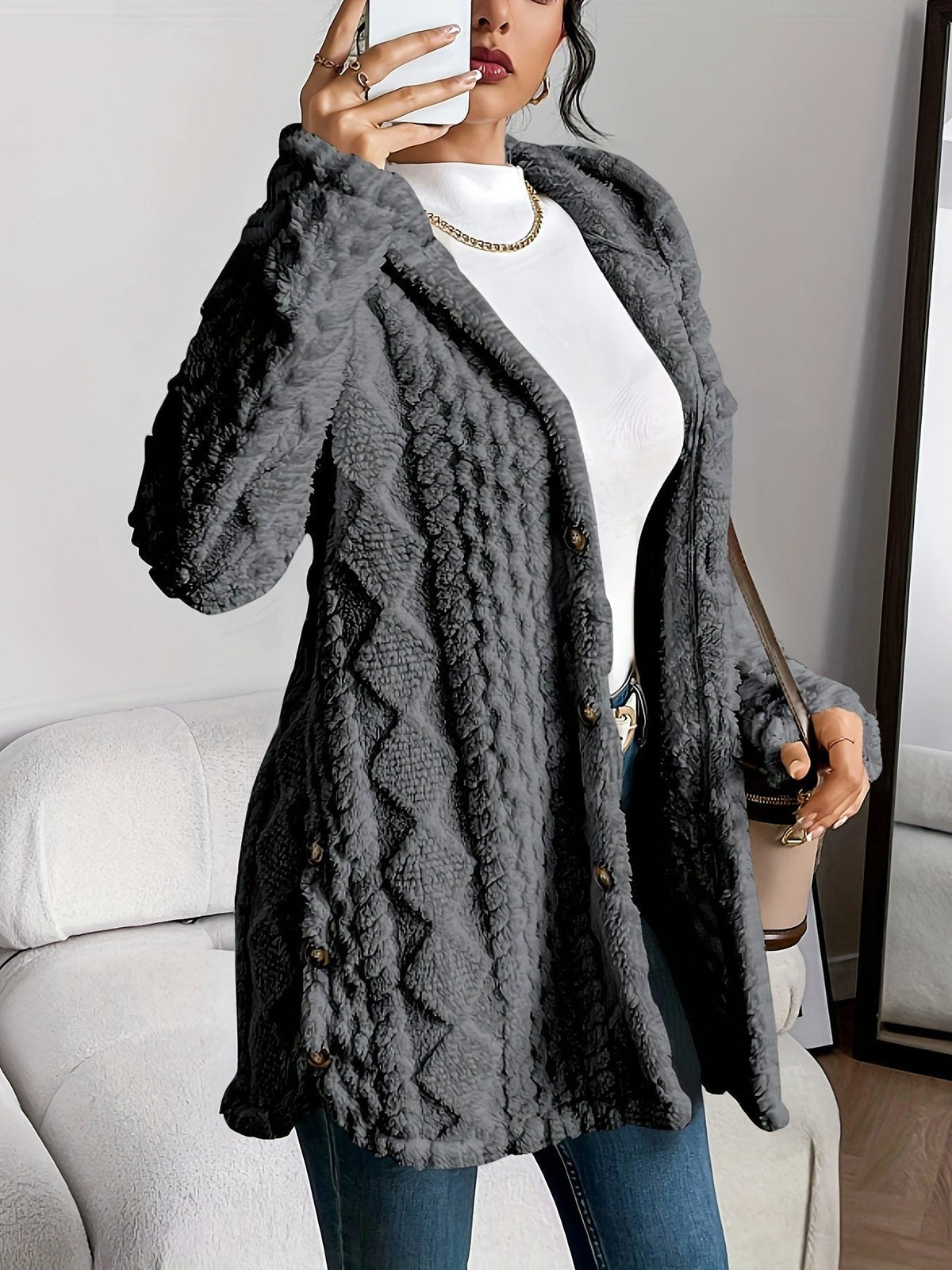 Women's Fleece Oversized Hooded Cardigan - Gray