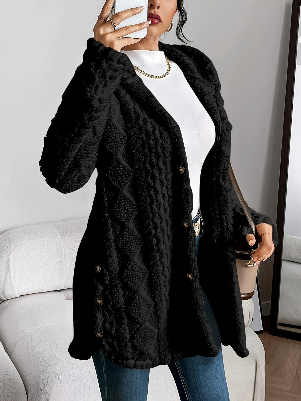 Women's Fleece Oversized Hooded Cardigan - Black