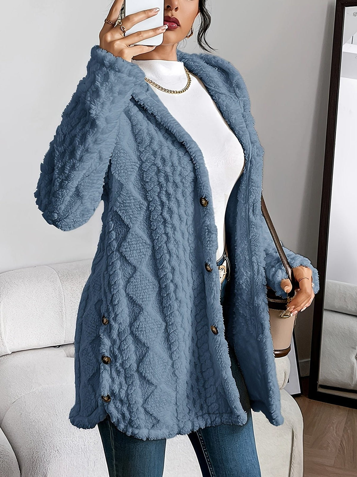 Women's Fleece Oversized Hooded Cardigan - Denim Blue