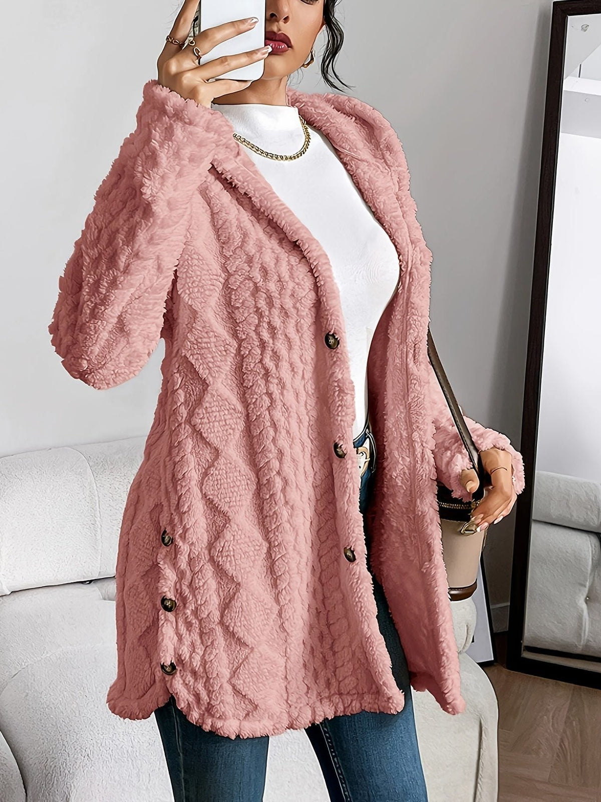 Women's Fleece Oversized Hooded Cardigan - Pink