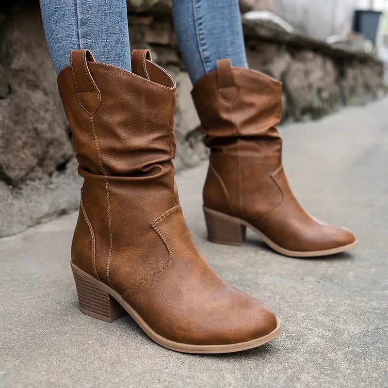 Women's Slouchy Suede Block Heel Mid-Calf Boots - Camel