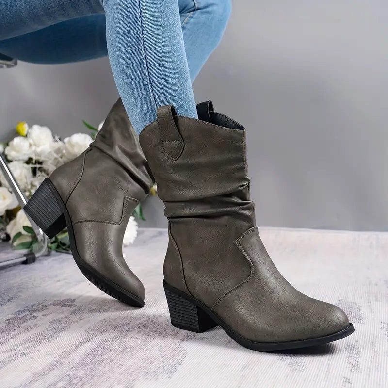 Women's Slouchy Suede Block Heel Mid-Calf Boots - Gray