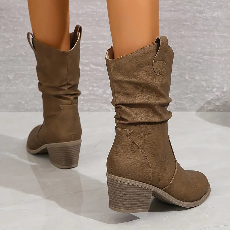 Women's Slouchy Suede Block Heel Mid-Calf Boots - Khaki