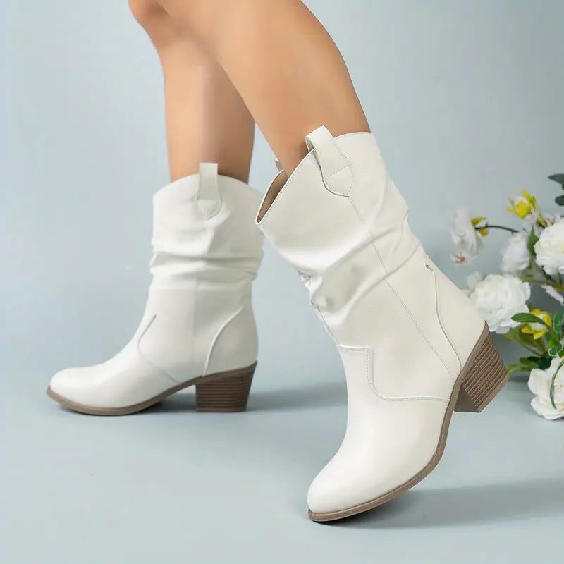 Women's Slouchy Suede Block Heel Mid-Calf Boots - White