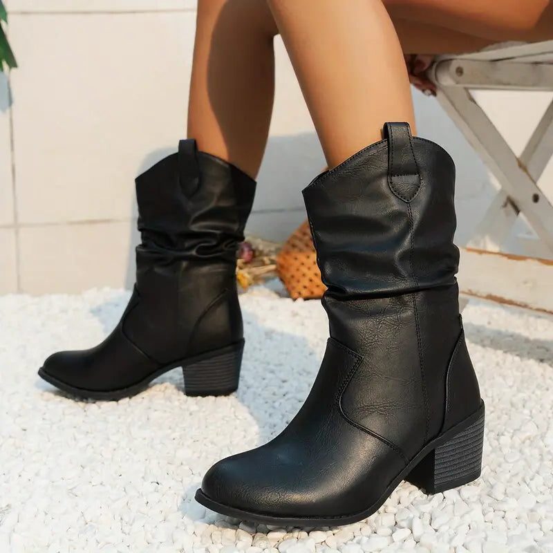 Women's Slouchy Suede Block Heel Mid-Calf Boots - Black