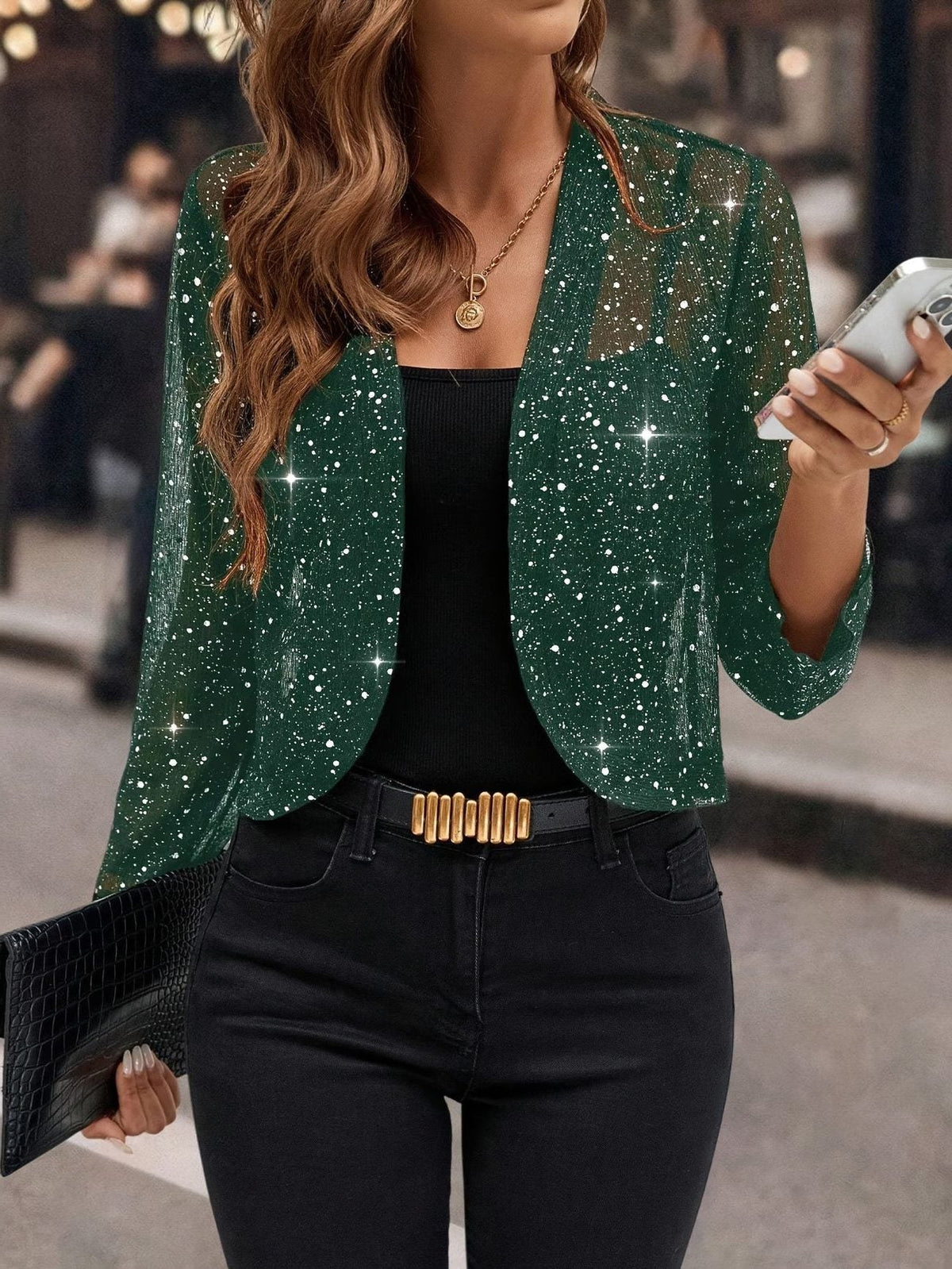 Women's Sequin Open-Front Hip-Length Cardigan - Green