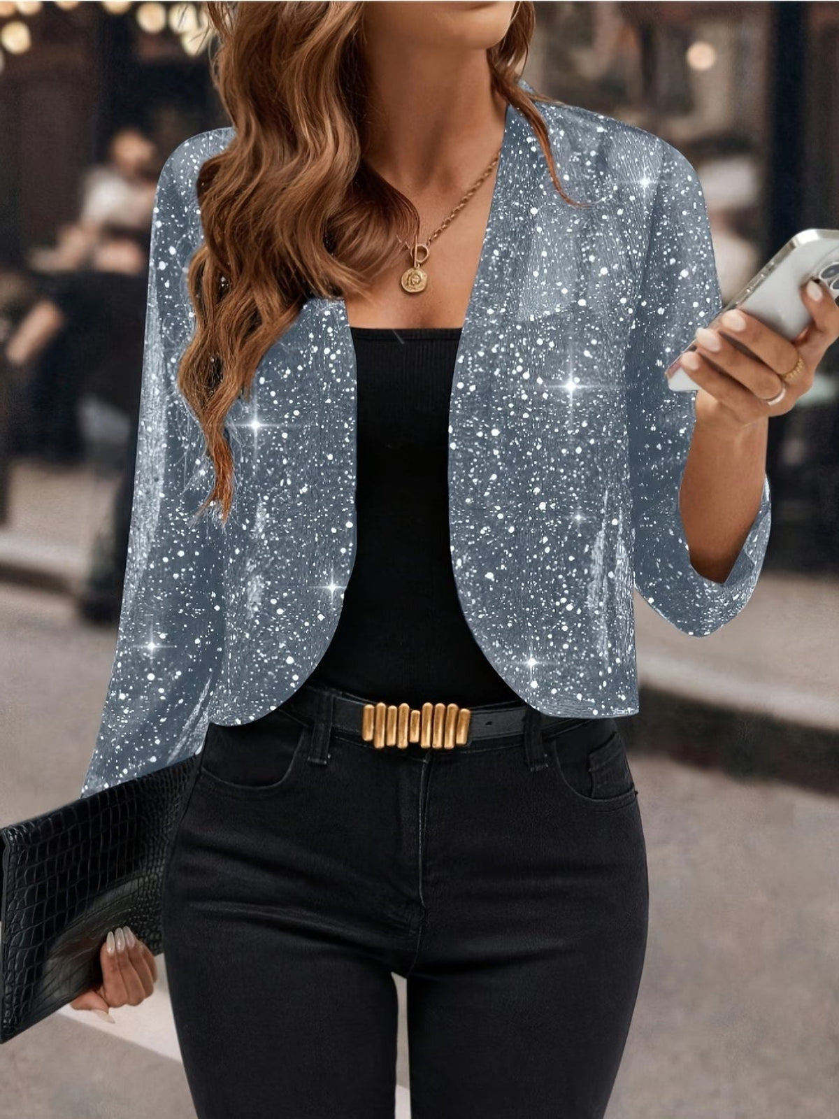 Women's Sequin Open-Front Hip-Length Cardigan - Gray