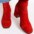 Women's Suede Block Heel Ankle Boots - Red