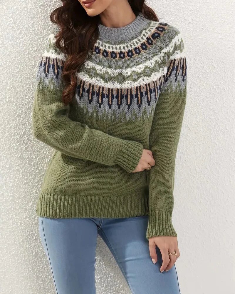 Women's Fair Isle Yoke Crew Neck Sweater - Green