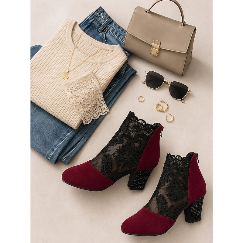 Women's Floral Lace Block Heel Ankle Boots