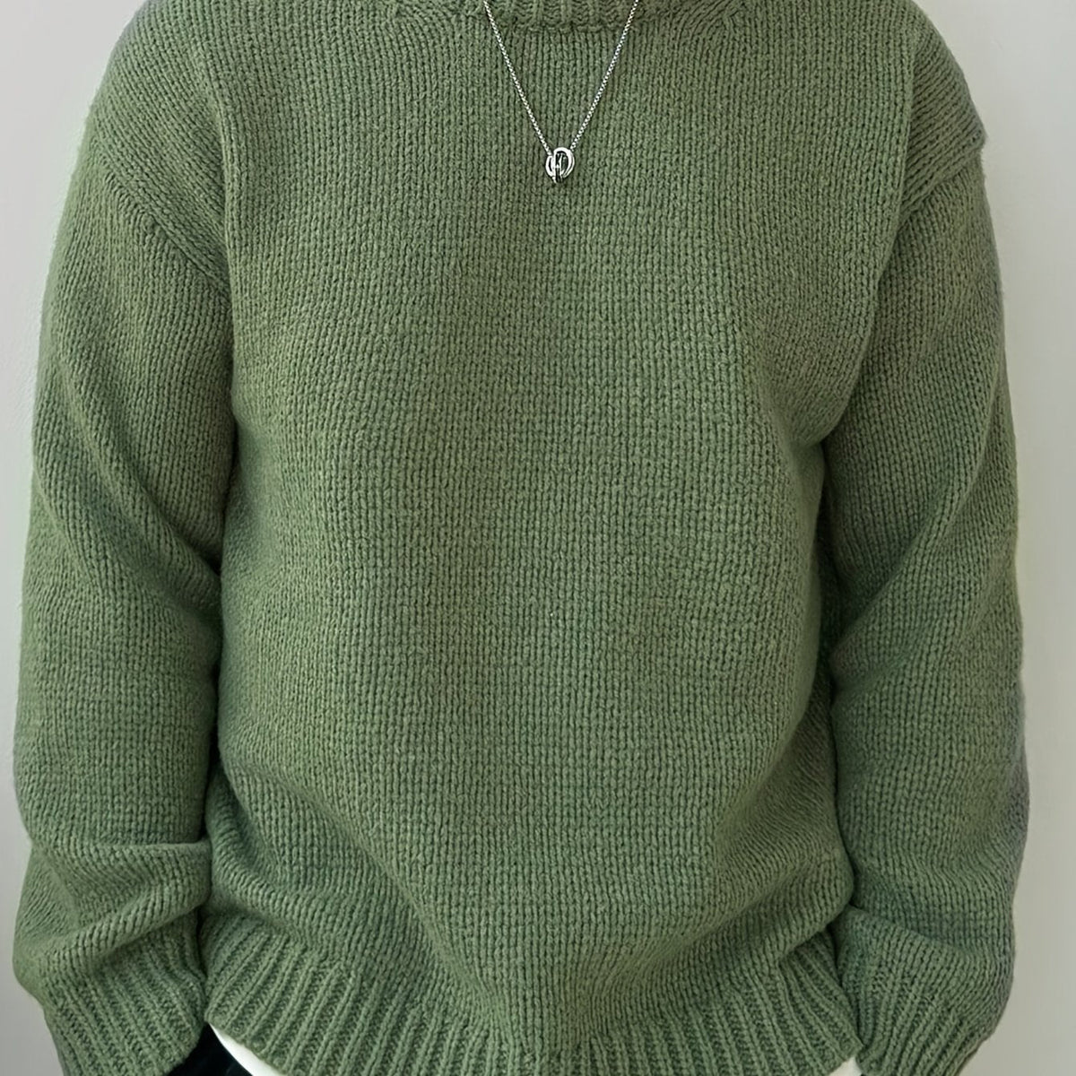Women's Relaxed Drop-Shoulder Round Neck Sweater - Olive Green