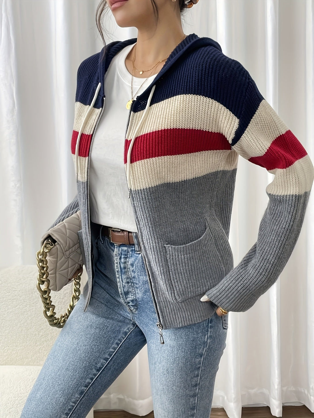 Women's Ribbed Color-Block Hooded Zip Cardigan