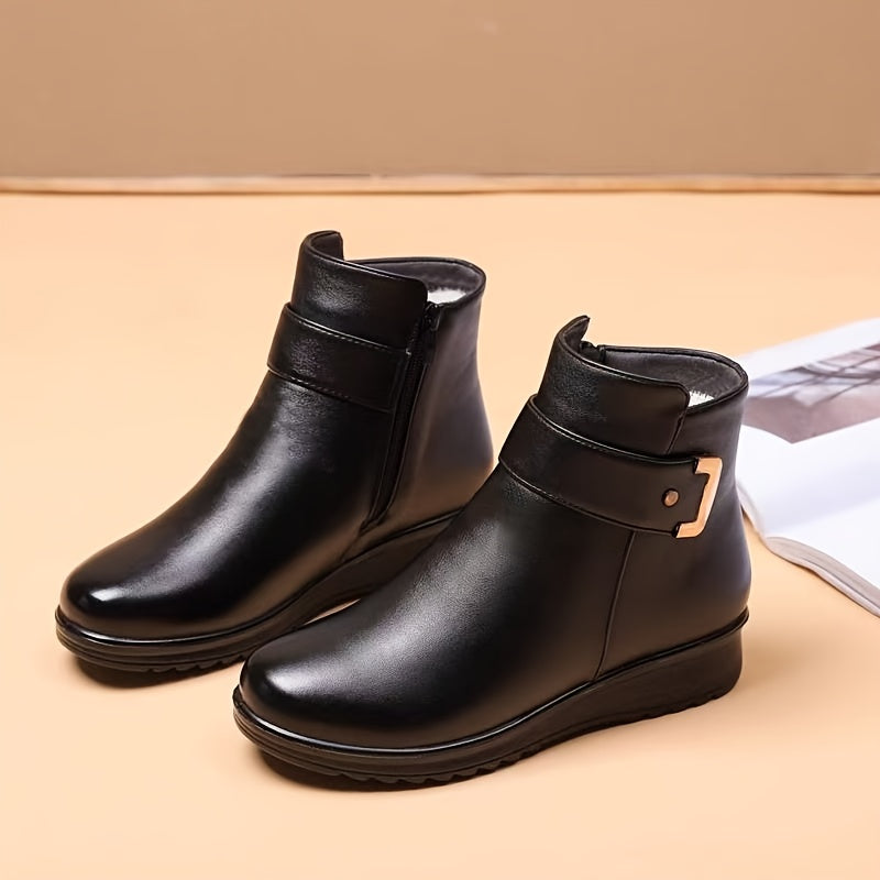 Women's Soft-Lined Flat Ankle Boots with Buckle Detail