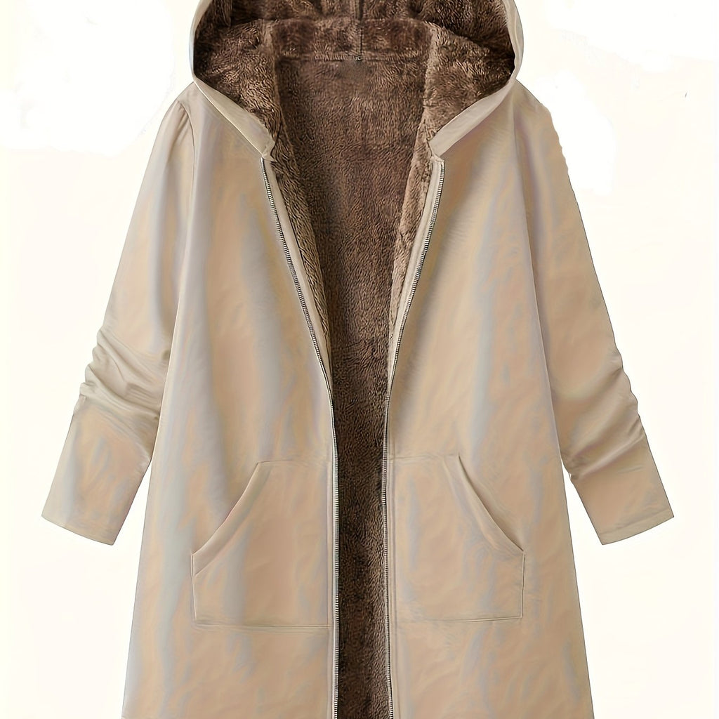 Women's Plush Lined Longline Hooded Zip Coat - Khaki